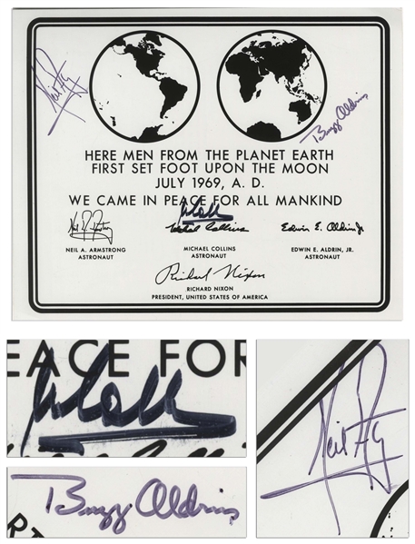 Apollo 11 Crew Signed 10 x 8 NASA Photo of the Apollo 11 Plaque -- With Bold, Uninscribed Signatures -- With Steve Zarelli COA